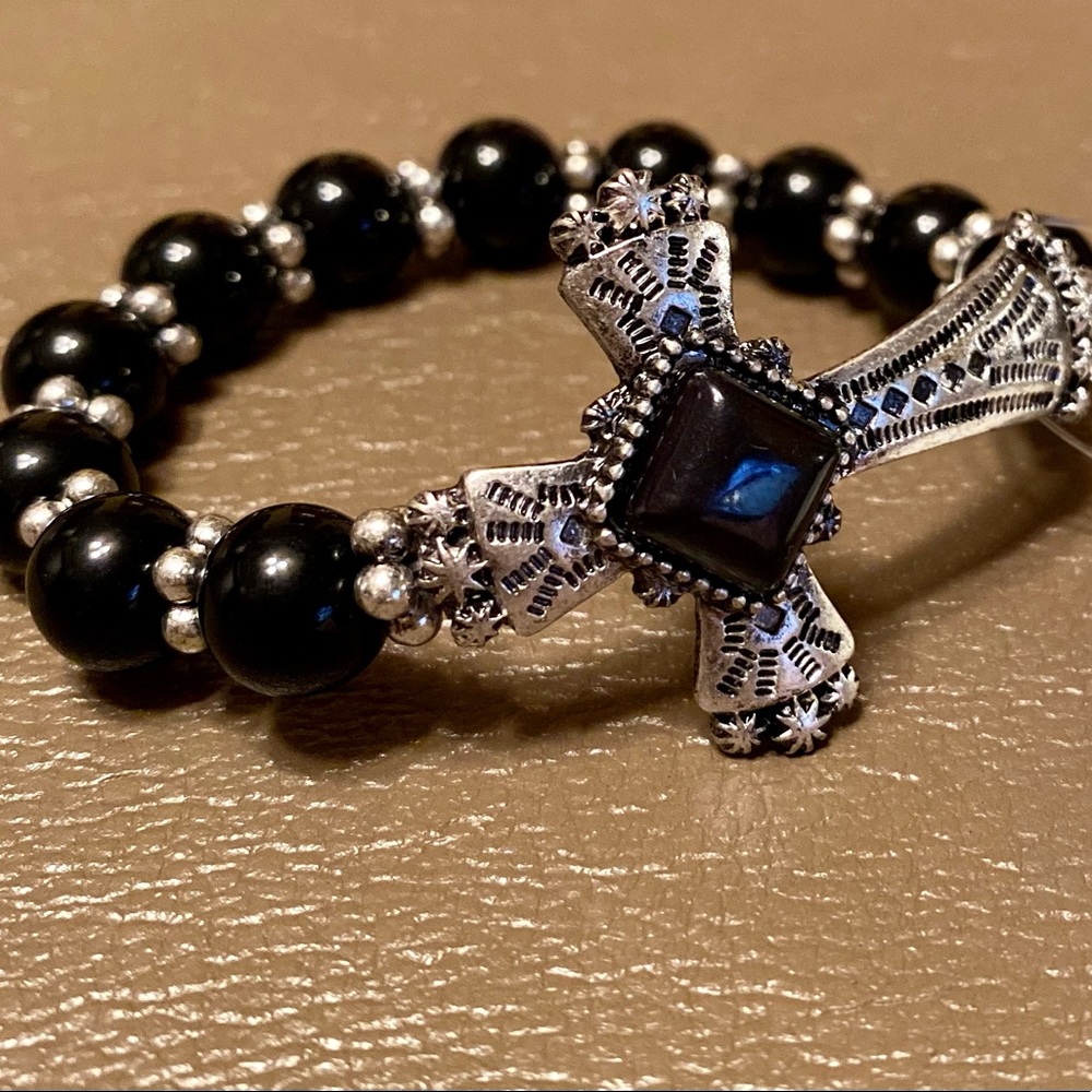 Silver Cross Bracelet Black Beads